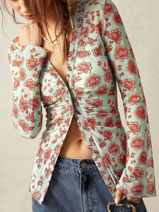 Tops - Boho Floral Print Button Down Slim fit Semi Sheer Long Sleeve Top